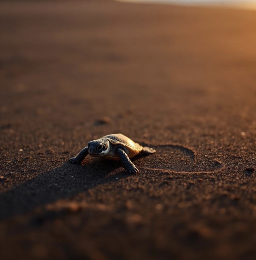 Tortuga bebé caminando hacia el mar